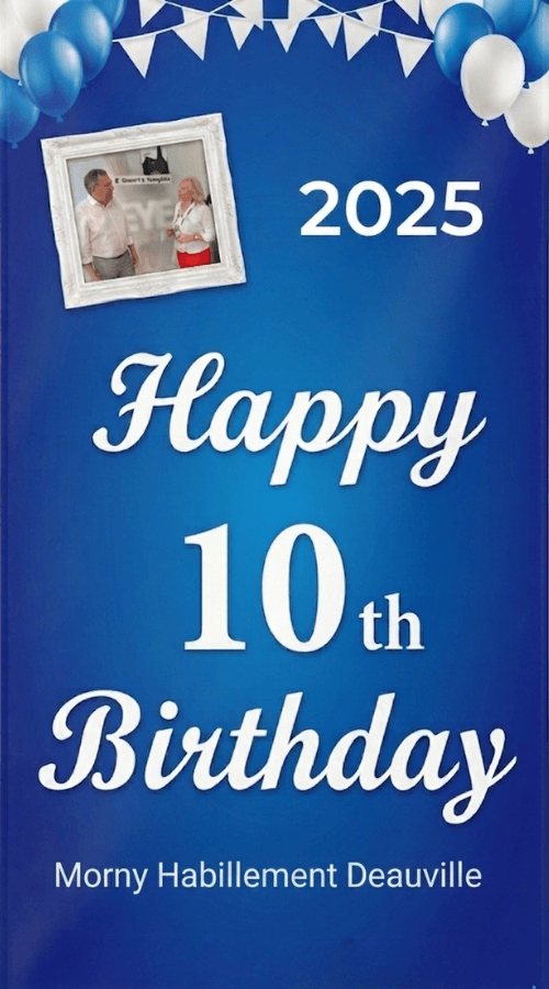 Affiche anniversaire des 10 ans de Morny Habillement Deauville avec photo des fondateurs et décoration festive
